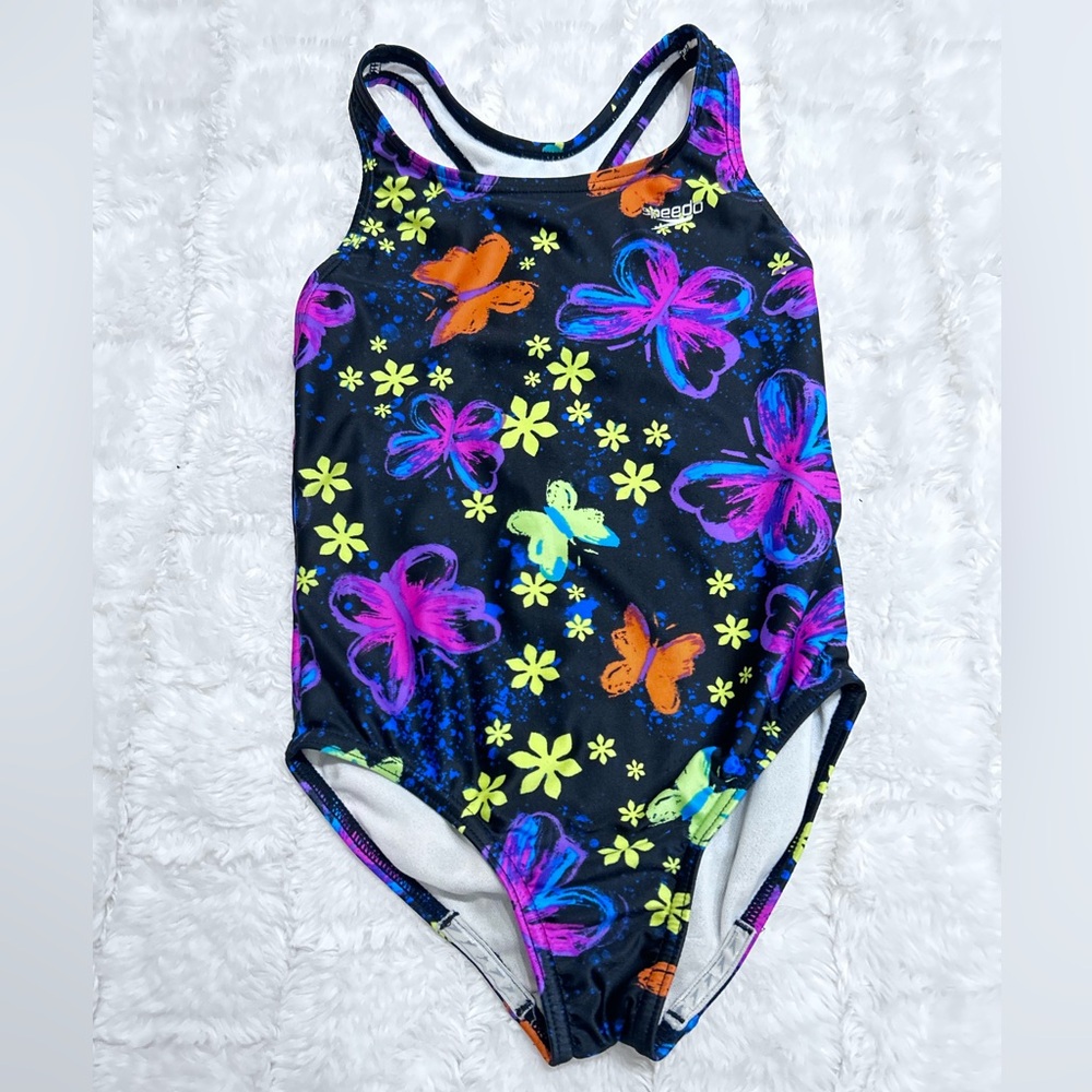 Speedo Kids' One Piece Swimsuit Black with Neon Floral‎ and Butterflies Size 8
